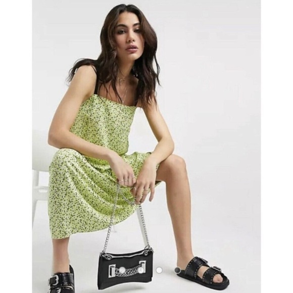 New TOPSHOP Floral Print Drop Waist Midi Dress in Lime - Picture 4 of 9